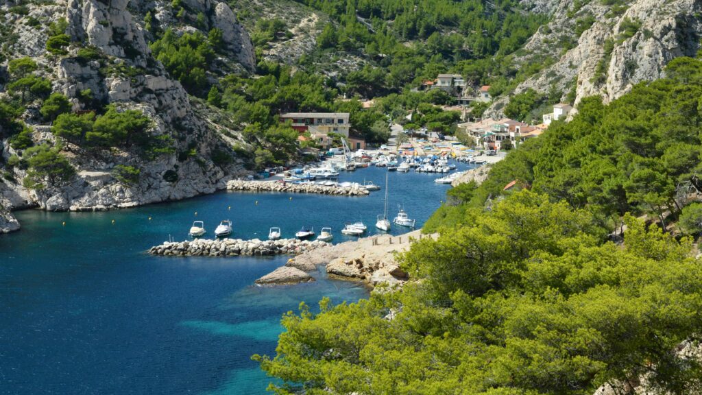 Picturesque calanque in Marseille with clear blue water and lush greenery.